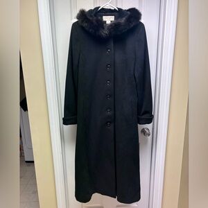 Albert Nipon Petite Wool Coat with Fur Trim Hood – Women’s 14P – Black